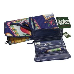 NWT Totes Makeup Travel Bag Fruit Fabric 80's Roll Up Plastic Lined Zippered